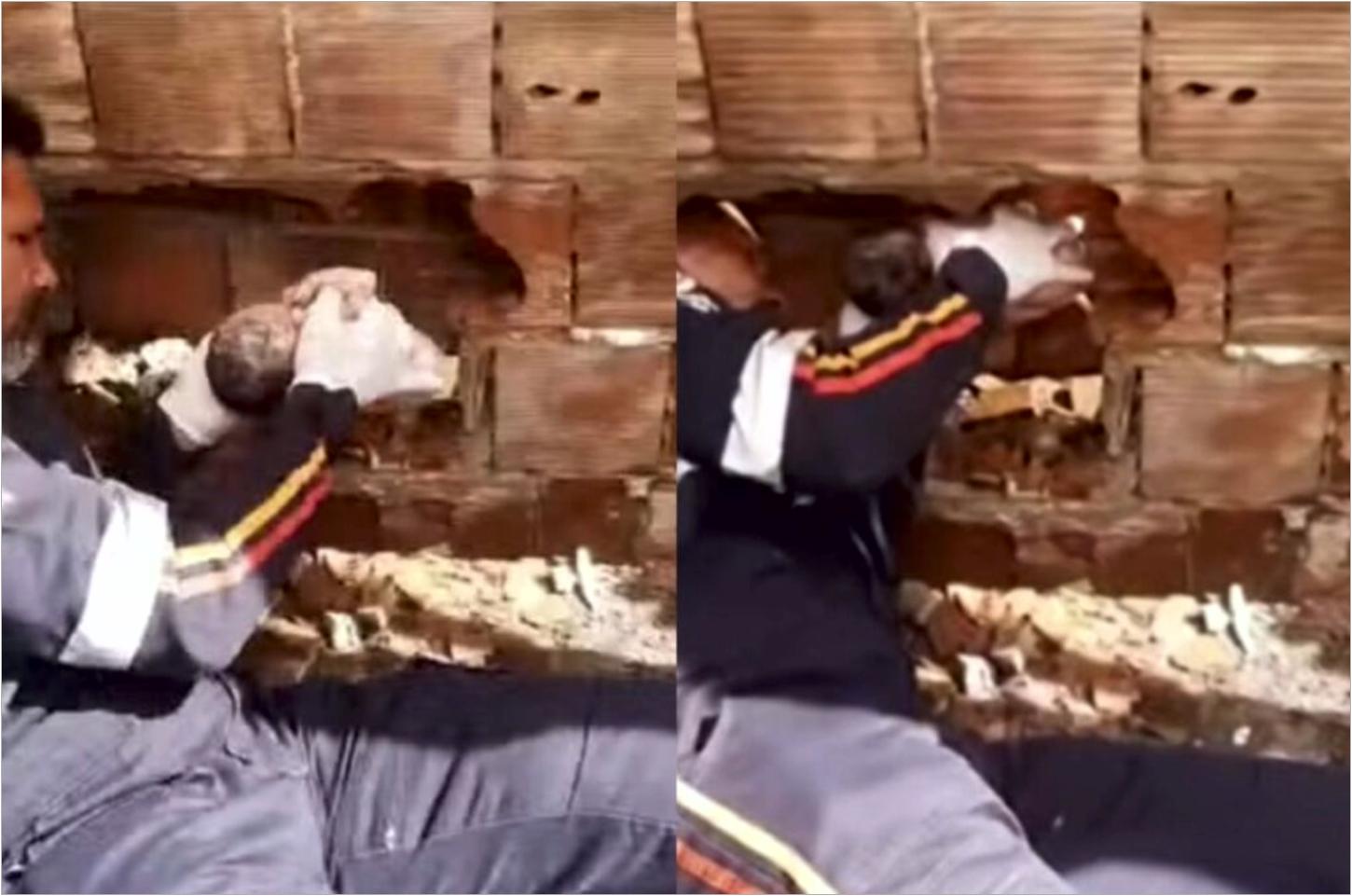 Moradores ouvem choro e encontram recém-nascido abandonado em meio a tijolos de construção