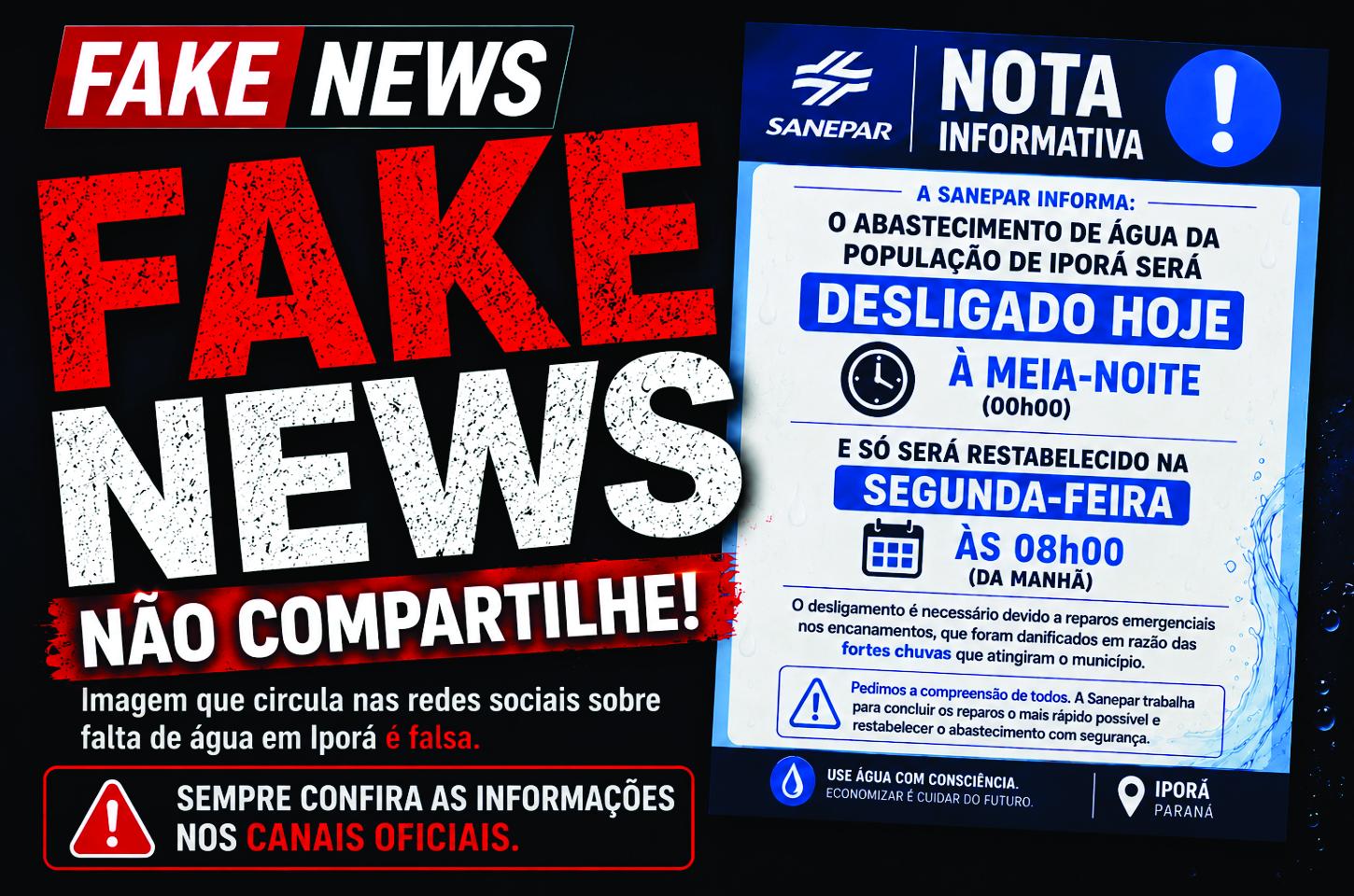 Sanepar desmente mensagem sobre falta de água em Iporã e alerta para notícia falsa nas redes sociais