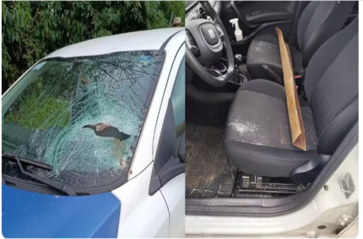 Barra de ferro se desprende de caminhão e atravessa para-brisa de carro da Prefeitura de Pérola na PR-323