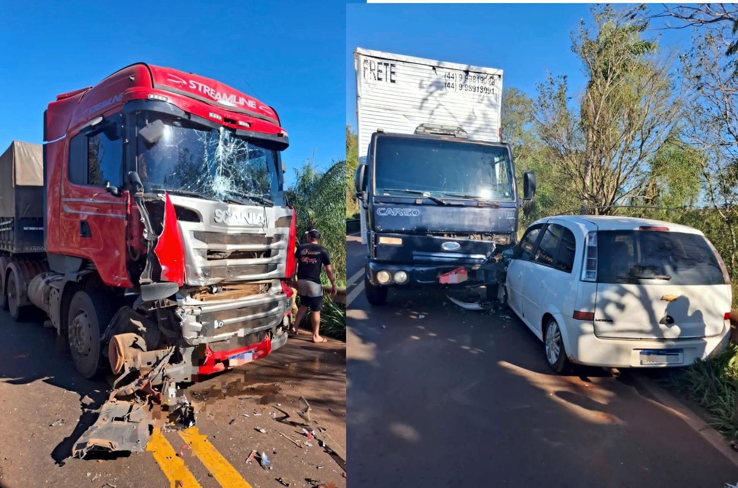 Carreta atinge caminhão e provoca colisão frontal entre veículos na PR-182