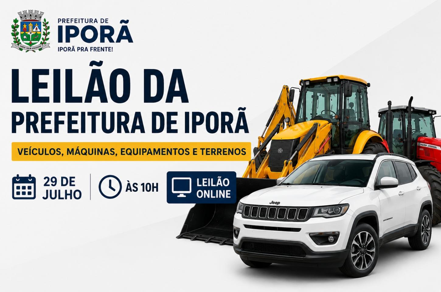 Prefeitura de Iporã coloca veículos, máquinas e terrenos em leilão com lances a partir de R$ 6 mil