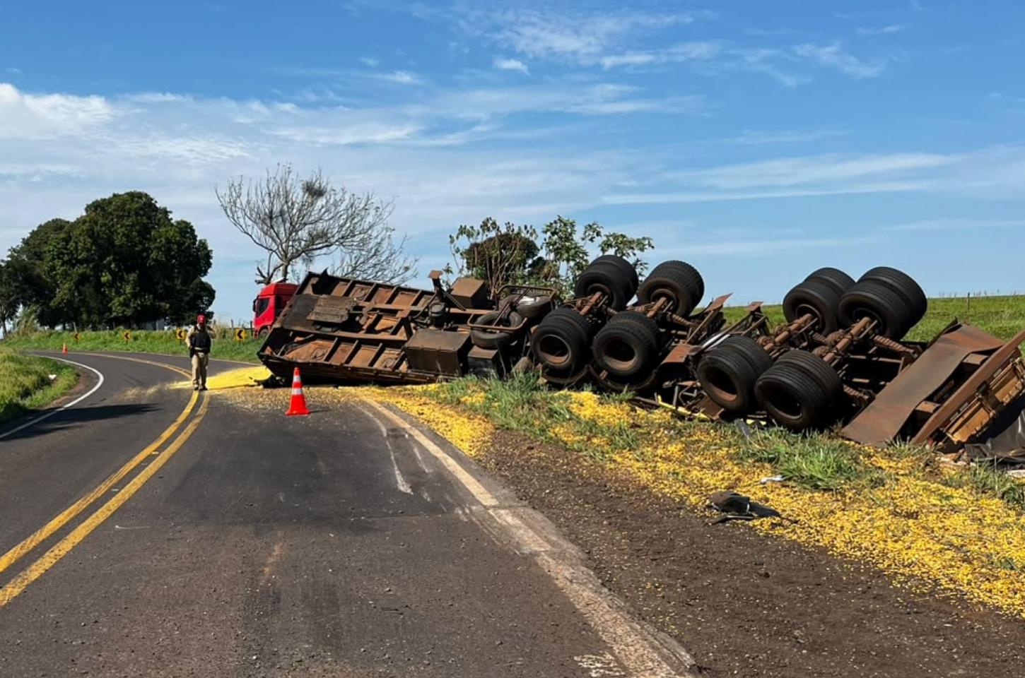 Carreta sai da pista e colide contra árvores, cerca e poste na PR-496, em Terra Roxa