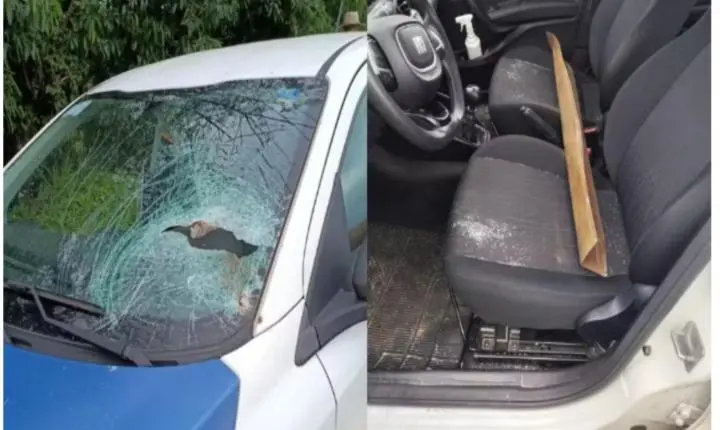 Barra de ferro se desprende de caminhão e atravessa para-brisa de carro da Prefeitura de Pérola na PR-323