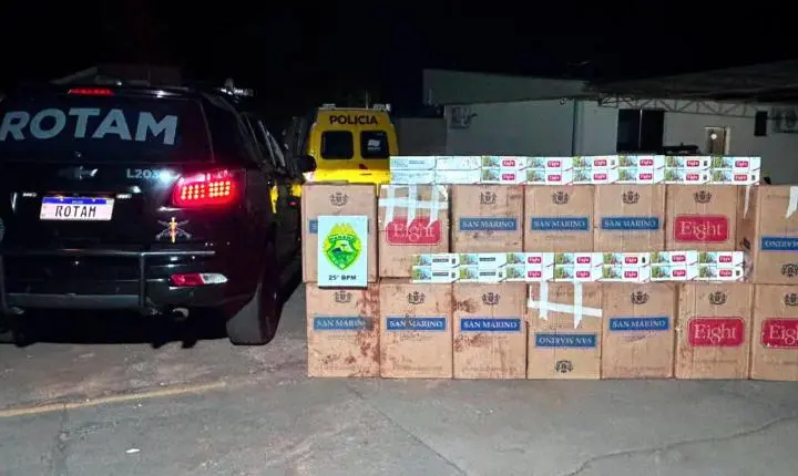 Polícia Militar apreende quase 12 mil maços de cigarros contrabandeados e revólver durante operação