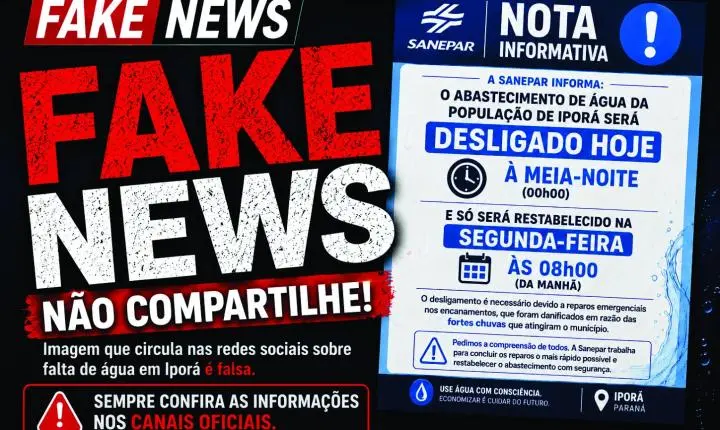 Sanepar desmente mensagem sobre falta de água em Iporã e alerta para notícia falsa nas redes sociais